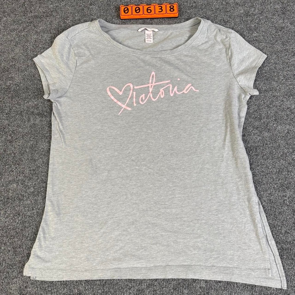 Victoria's Secret gray tee with pink cursive text 'Victoria' with a heart